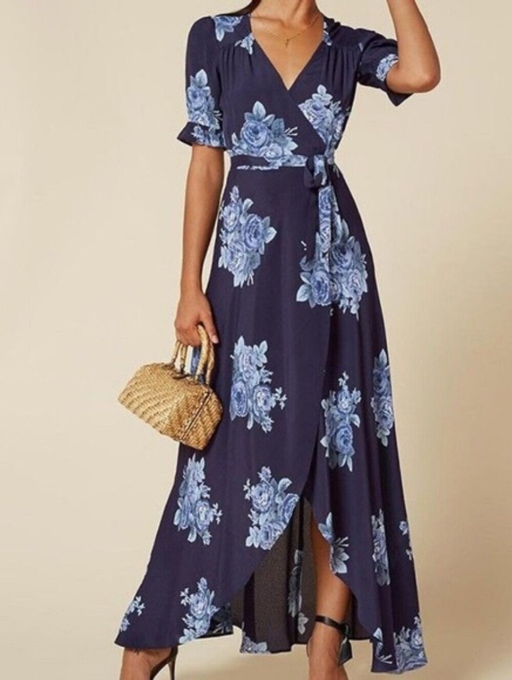 Reformation Blue Rose Floral Wrap Maxi Dress Small